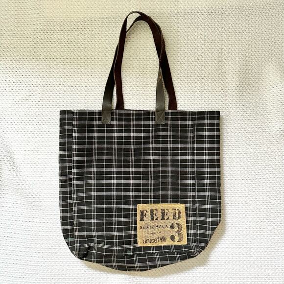 FEED Black White Grid Plaid Brown Leather Strap Tote Bag Nest Artisans - Picture 2 of 11